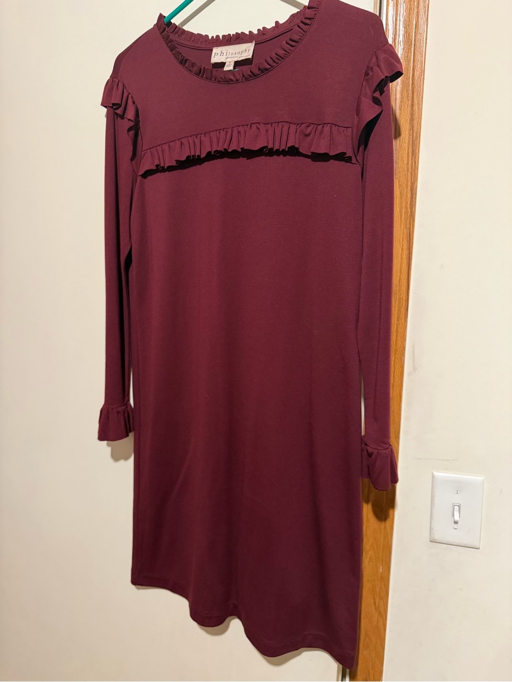 Philosophy burgundy long sleeve ruffle-trim dress